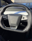Cybertruck Round Sport Grip Style Steering Wheel Heated - TESLA OEM Core, Reshaped & Resurfaced in Carbon Fiber & Napa Leather