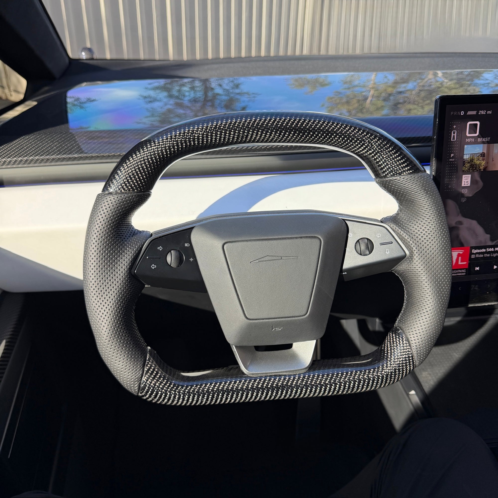 Cybertruck Round Sport Grip Style Steering Wheel Heated - TESLA OEM Core, Reshaped &amp; Resurfaced in Carbon Fiber &amp; Napa Leather