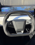 Cybertruck Round Sport Grip Style Steering Wheel Heated - TESLA OEM Core, Reshaped & Resurfaced in Carbon Fiber & Napa Leather