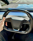 Cybertruck Round Sport Grip Style Steering Wheel Heated - TESLA OEM Core, Reshaped & Resurfaced in Carbon Fiber & Napa Leather