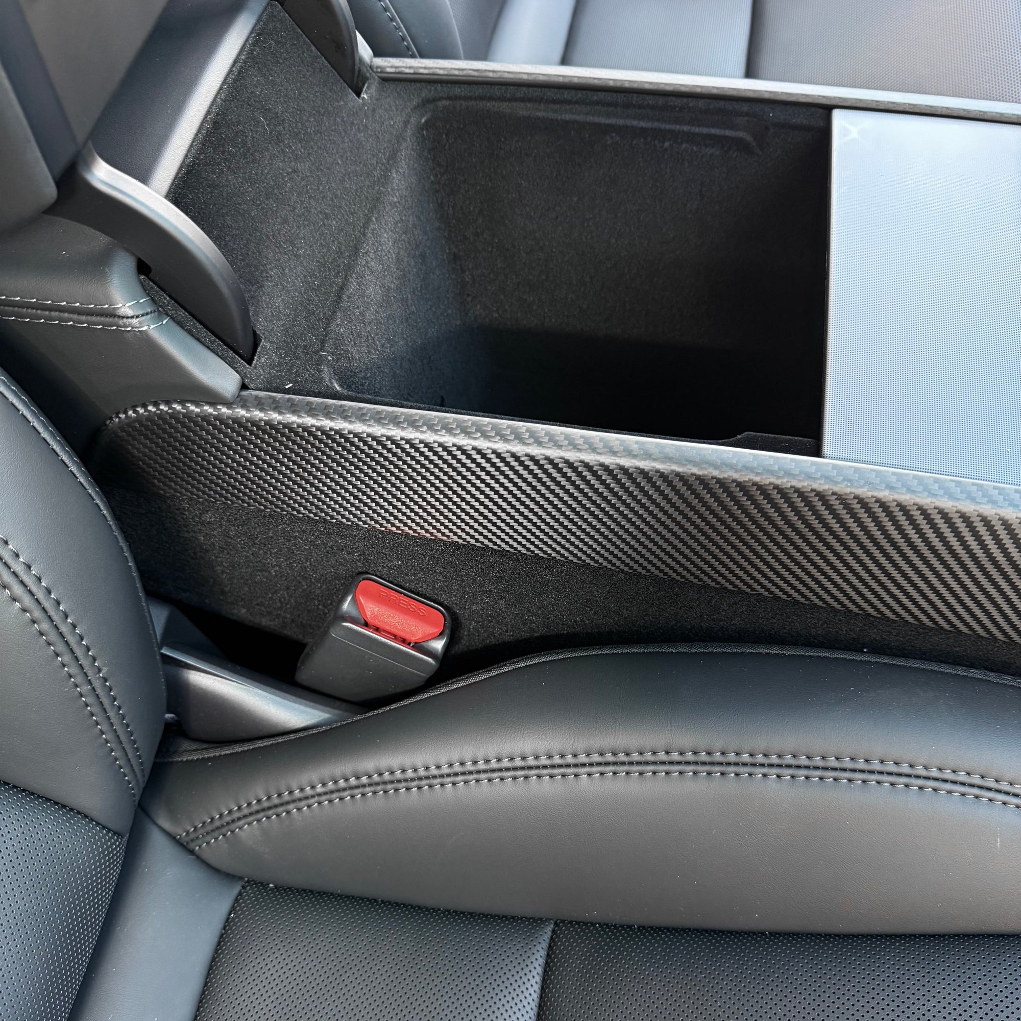2026+ | Model Y Juniper Refreshed Center Console Combo Side Panel &amp; Charging Pad Overlay (1 Piece) - Real Dry Molded Carbon Fiber