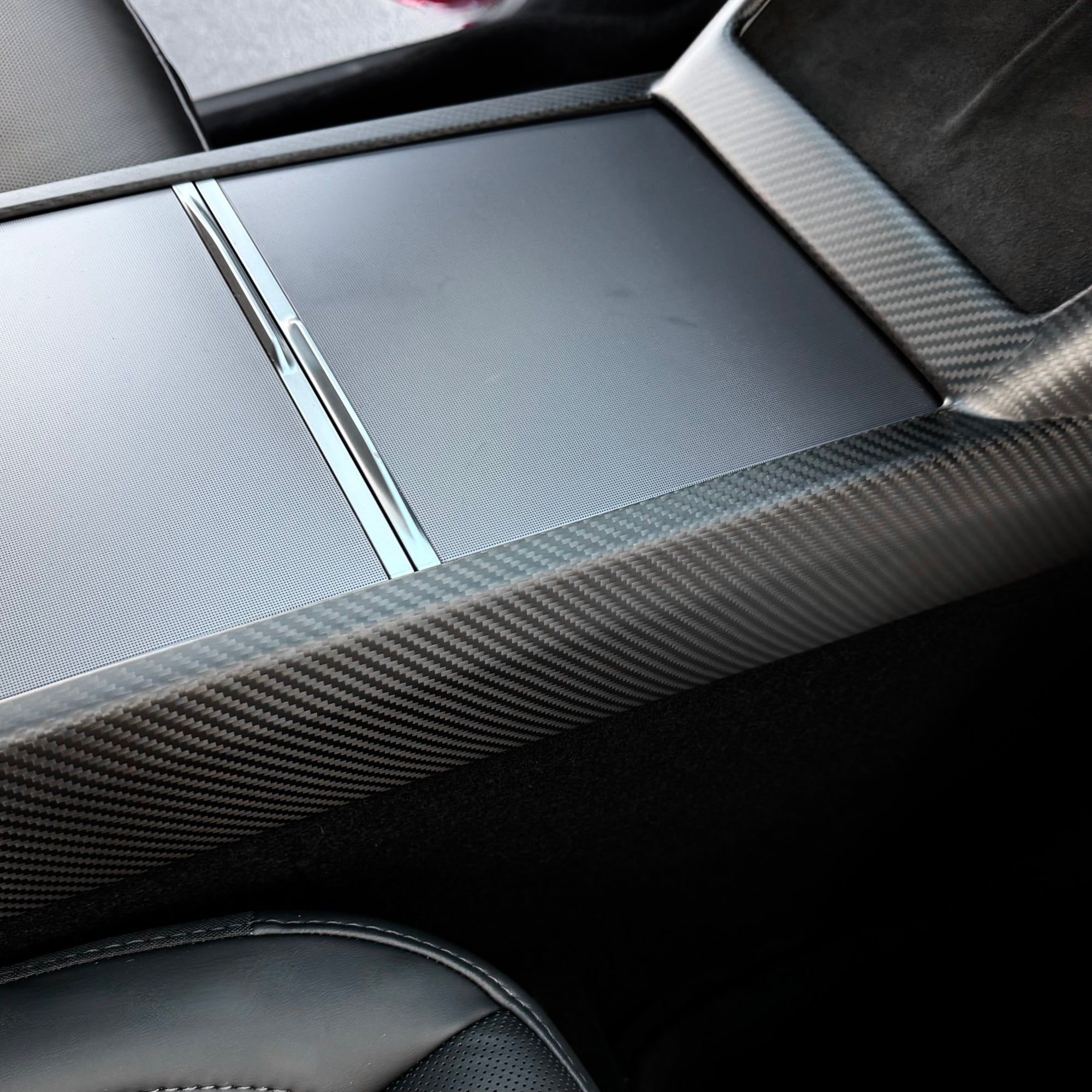 2026+ | Model Y Juniper Refreshed Center Console Combo Side Panel &amp; Charging Pad Overlay (1 Piece) - Real Dry Molded Carbon Fiber