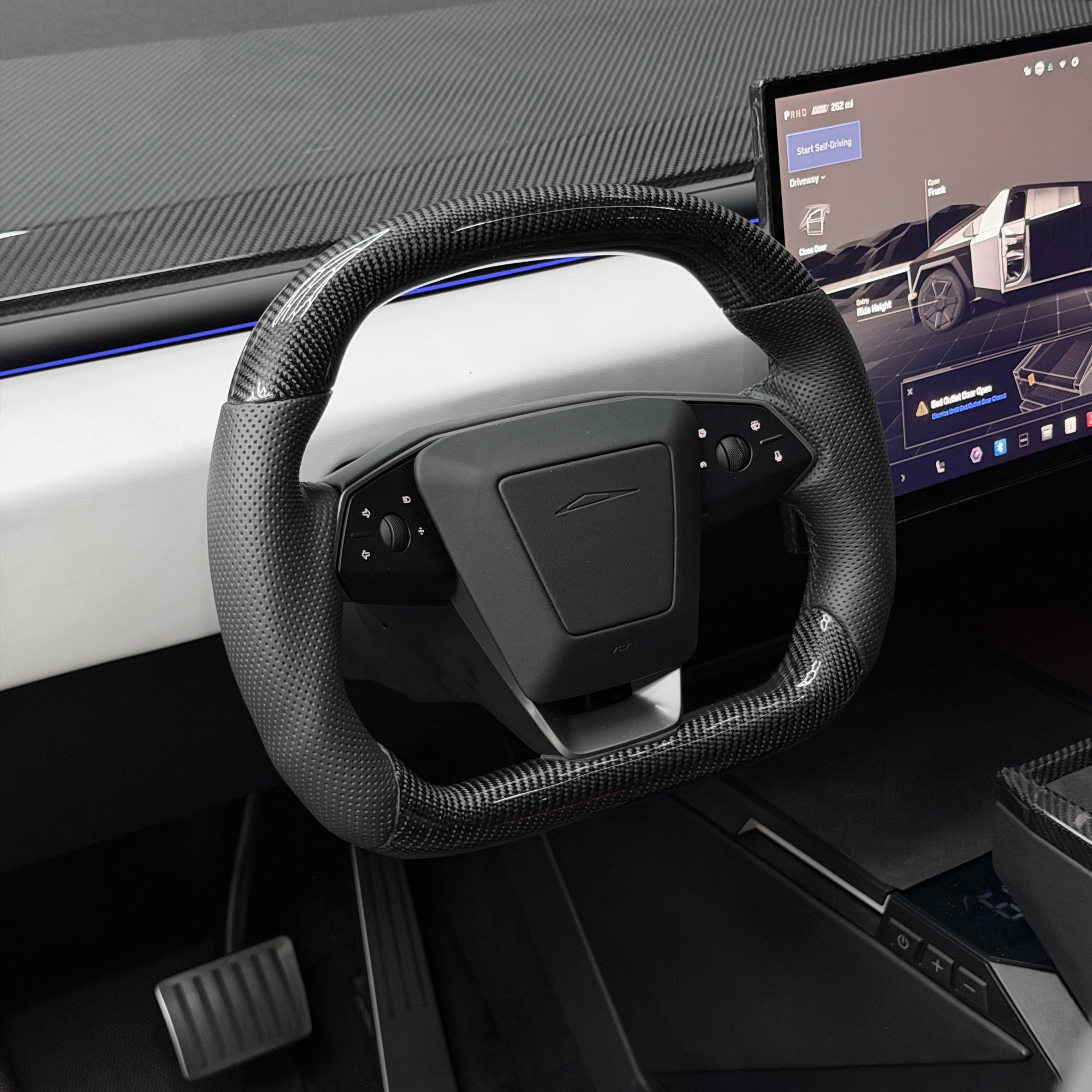 Cybertruck Round Sport Grip Style Steering Wheel Heated - TESLA OEM Core, Reshaped &amp; Resurfaced in Carbon Fiber &amp; Napa Leather