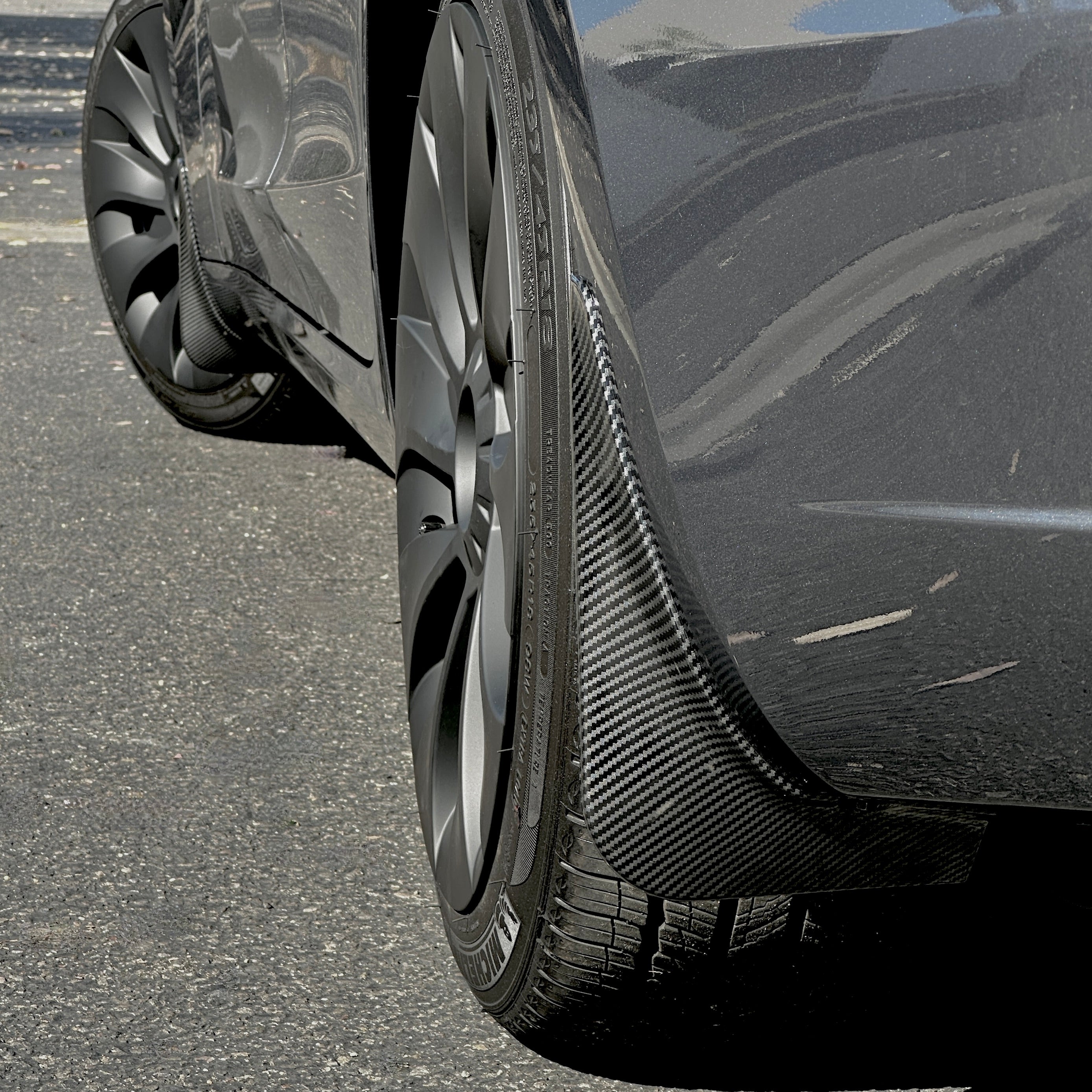 Model 3 Mud Flaps Screwless Glossy Carbon Fiber Look Set of 4 RPM TESLA Aftermarket Accessories