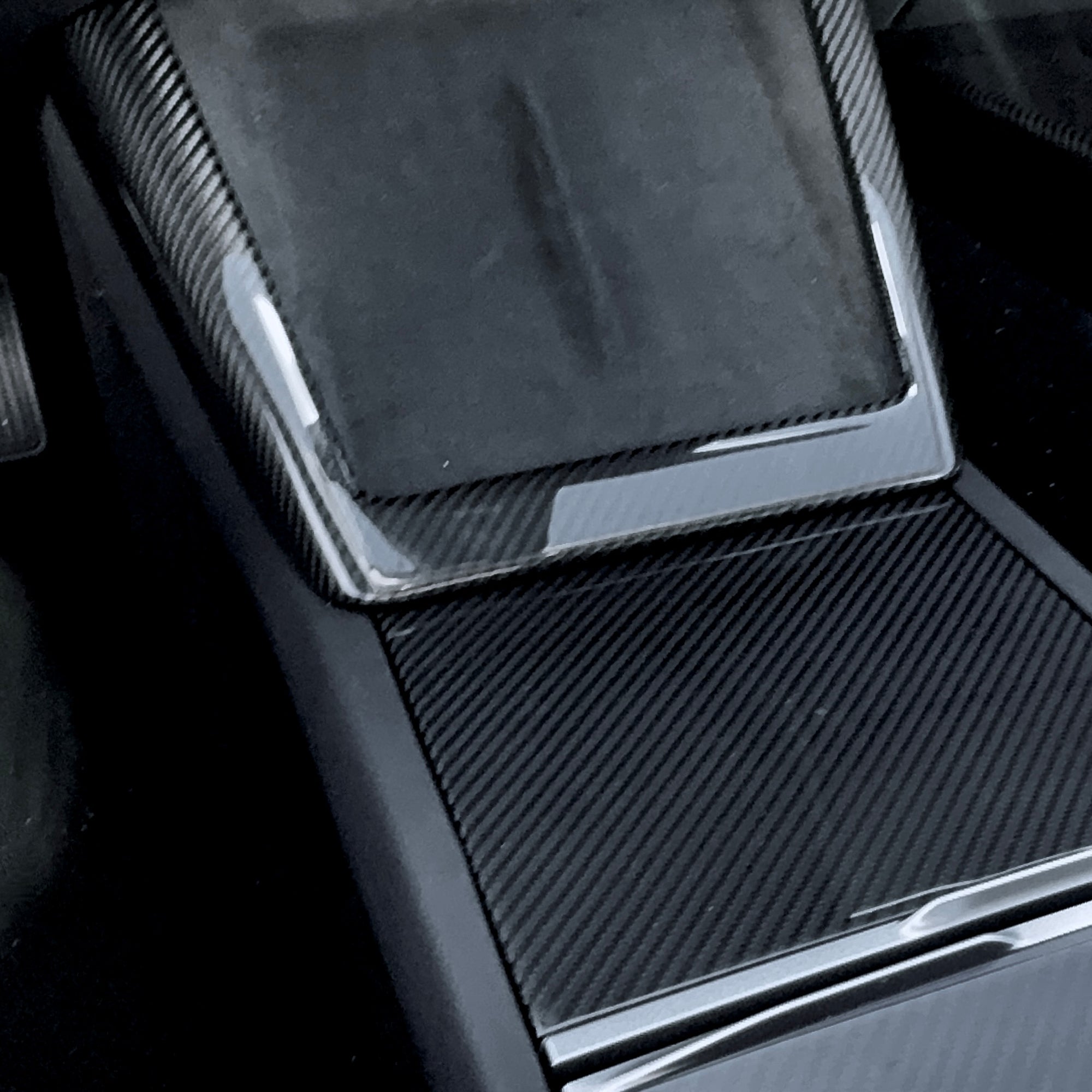 2024+ | Model 3 Highland Refreshed Center Console &amp; Front Cup Holder Overlay 1.0 (4 Piece Kit)  Real Dry Molded Carbon Fiber