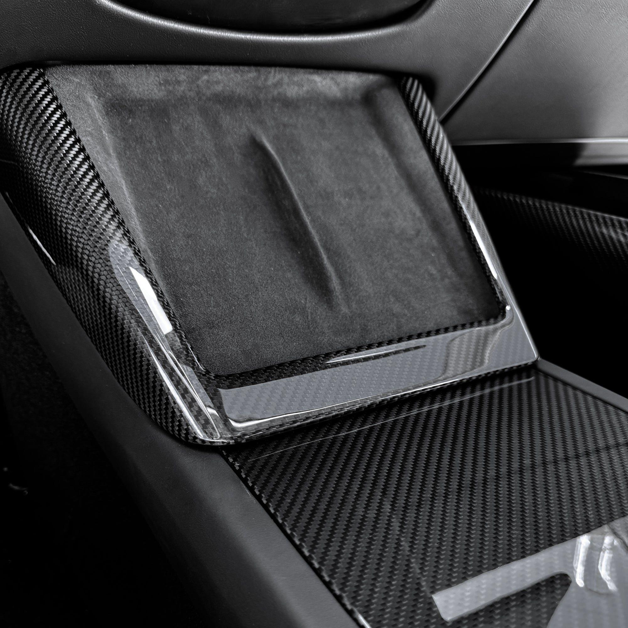 2024+ | Model 3 Highland Refreshed Center Console &amp; Front Cup Holder Overlay 1.0 (4 Piece Kit)  Real Dry Molded Carbon Fiber