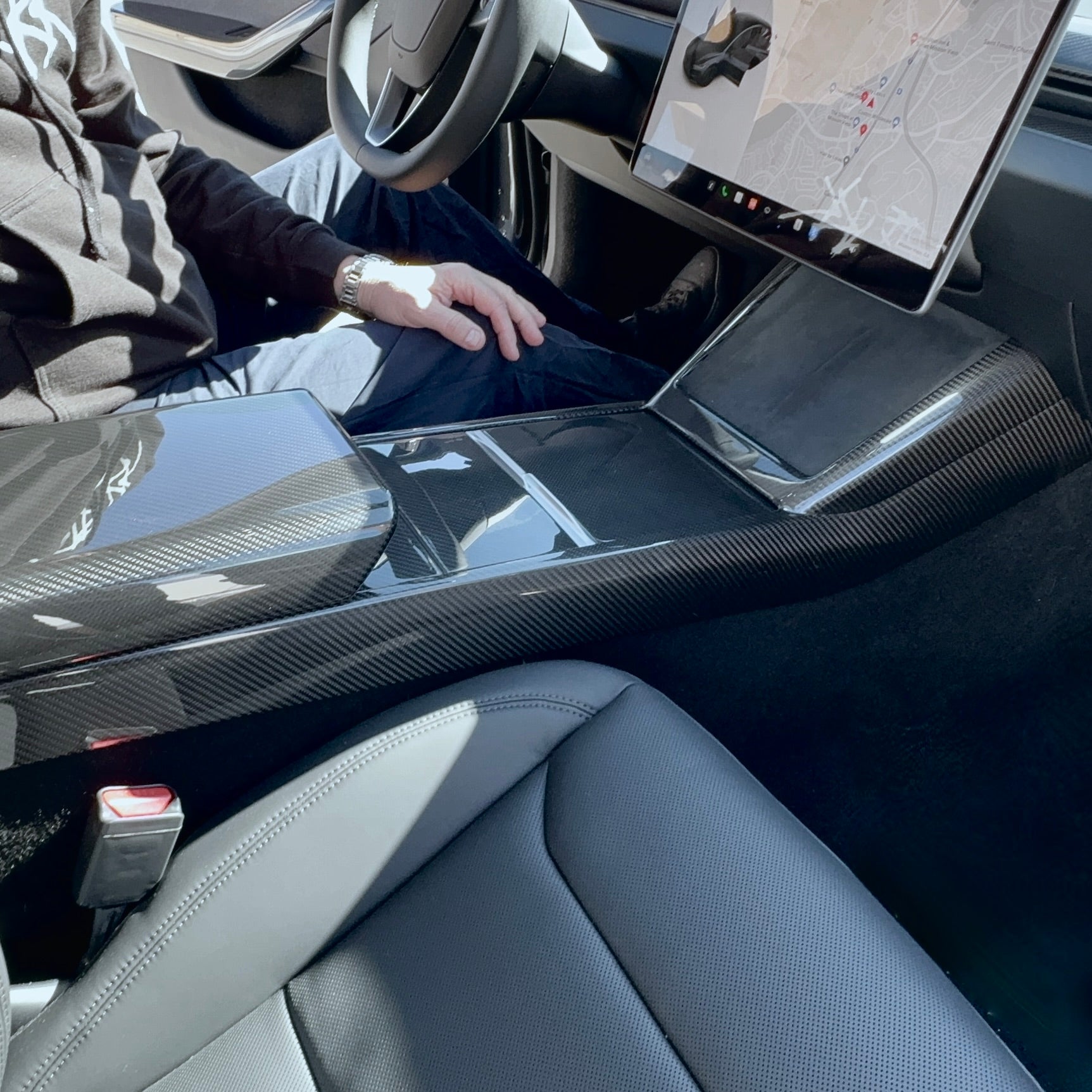 2024+ | Model 3 Highland Refreshed Center Console &amp; Front Cup Holder Overlay 1.0 (4 Piece Kit)  Real Dry Molded Carbon Fiber