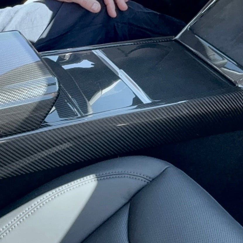 2024+ | Model 3 Highland Refreshed Center Console &amp; Front Cup Holder Overlay 1.0 (4 Piece Kit)  Real Dry Molded Carbon Fiber