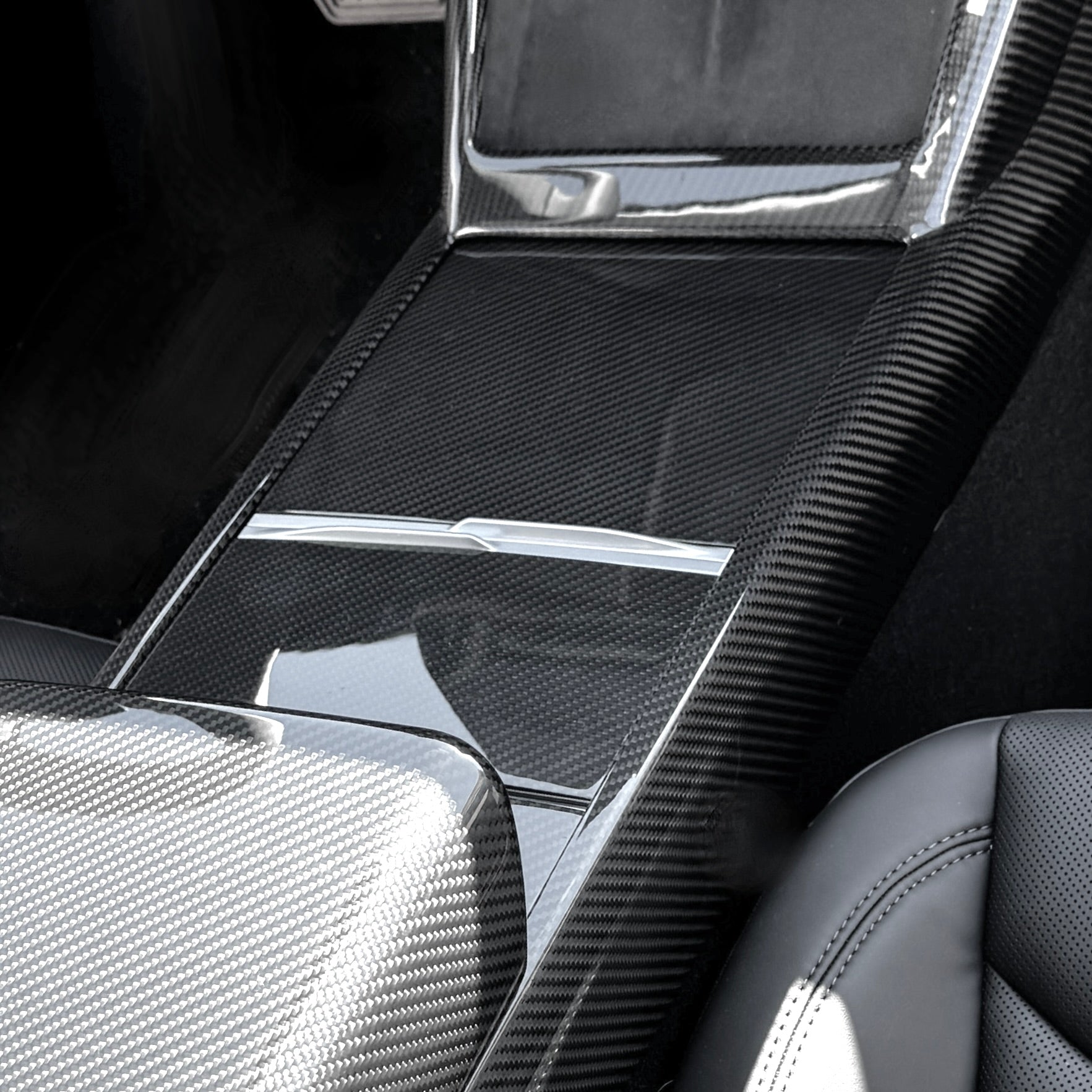 2024+ | Model 3 Highland Refreshed Center Console &amp; Front Cup Holder Overlay 1.0 (4 Piece Kit)  Real Dry Molded Carbon Fiber
