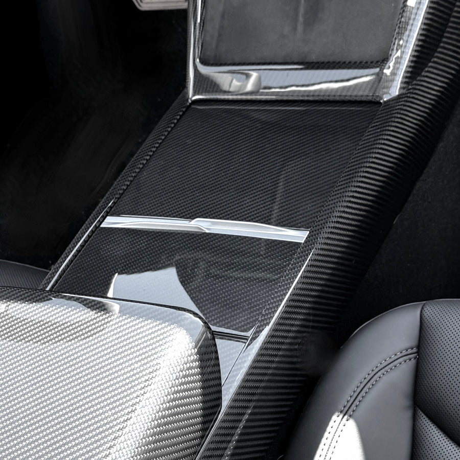 2024+ | Model 3 Center Console Combo Side Panel & Charging Pad Overlay (1 Piece) - Real Dry Molded Carbon Fiber