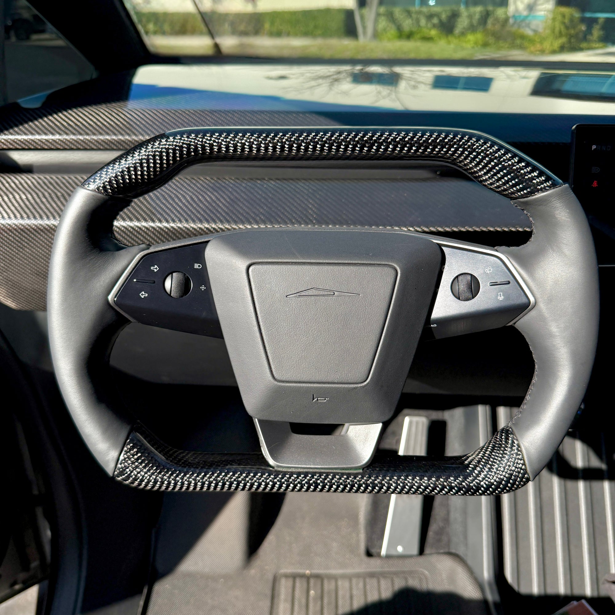 Cybertruck Squircle Sport Steering Wheel - Fully Heated built on a TESLA Factory Original Core, Reshaped &amp; Resurfaced in Carbon Fiber &amp; Napa Leather