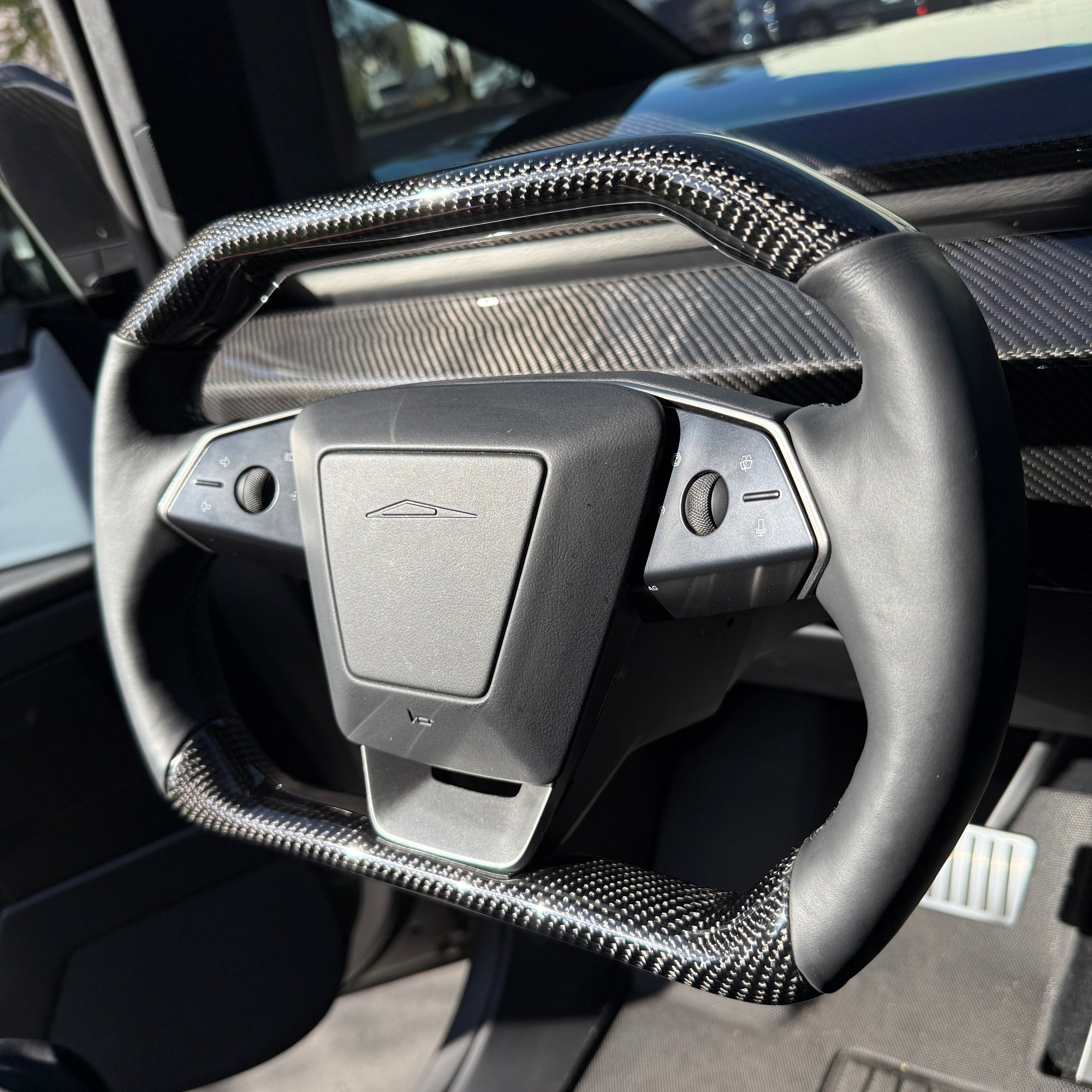 Cybertruck Squircle Sport Steering Wheel - Fully Heated built on a TESLA Factory Original Core, Reshaped &amp; Resurfaced in Carbon Fiber &amp; Napa Leather