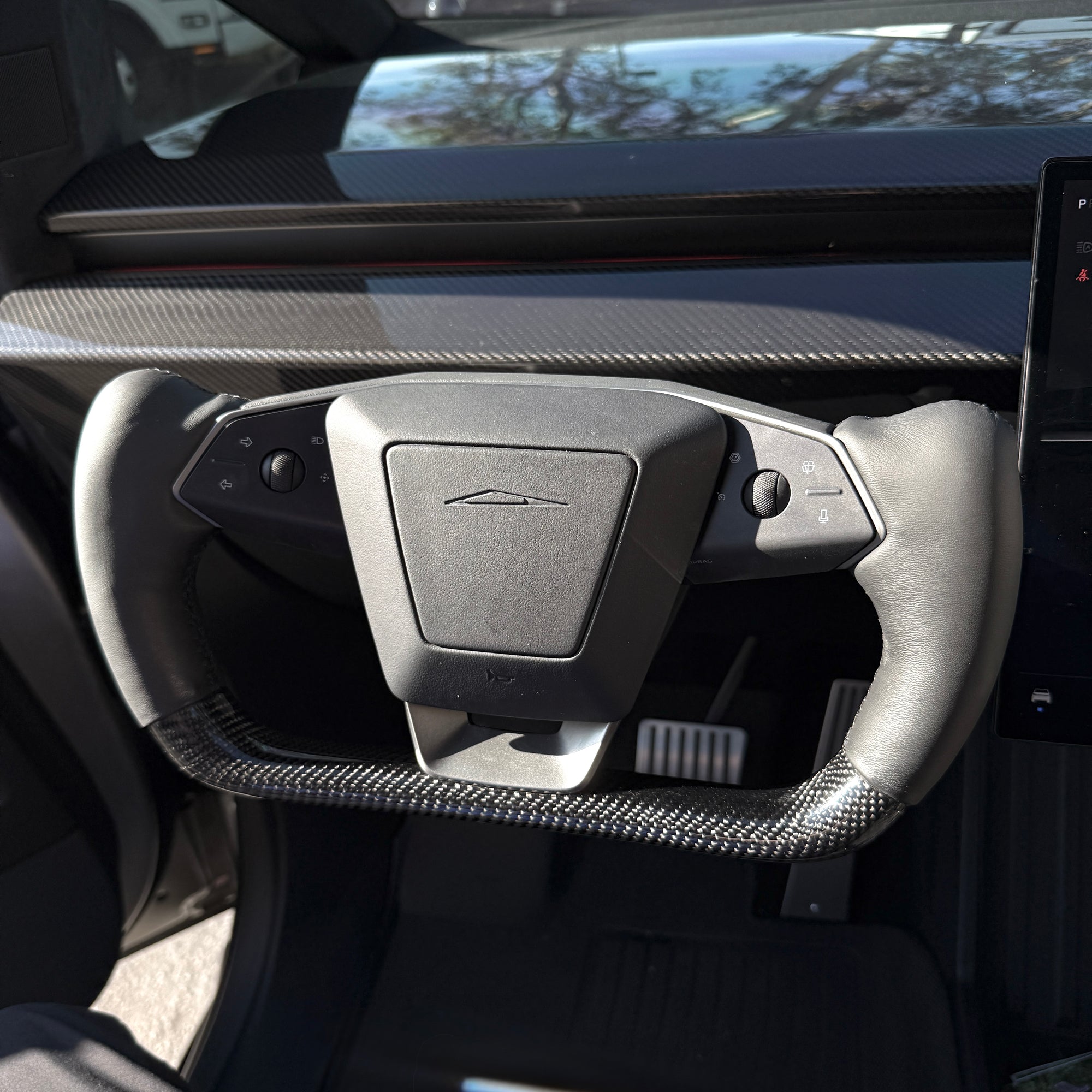 Cybertruck Heated Yoke Steering Wheel - TESLA Factory Original Core, Reshaped &amp; Resurfaced in Real Molded Carbon Fiber &amp; Napa Leather