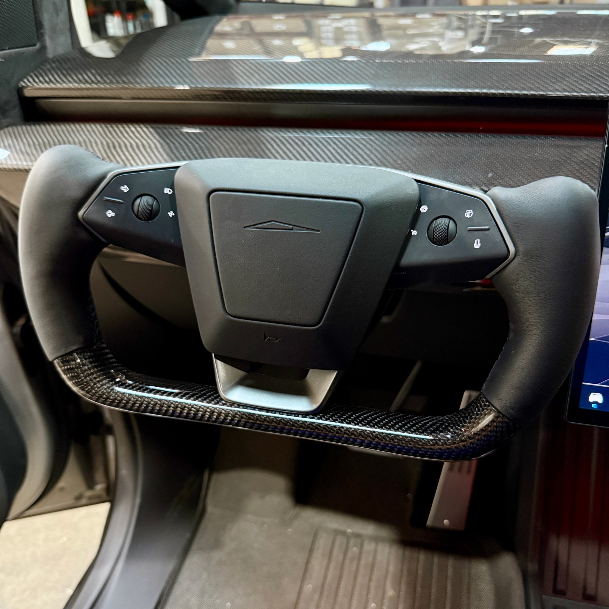 Cybertruck Heated Yoke Steering Wheel - TESLA Factory Original Core, Reshaped &amp; Resurfaced in Real Molded Carbon Fiber &amp; Napa Leather