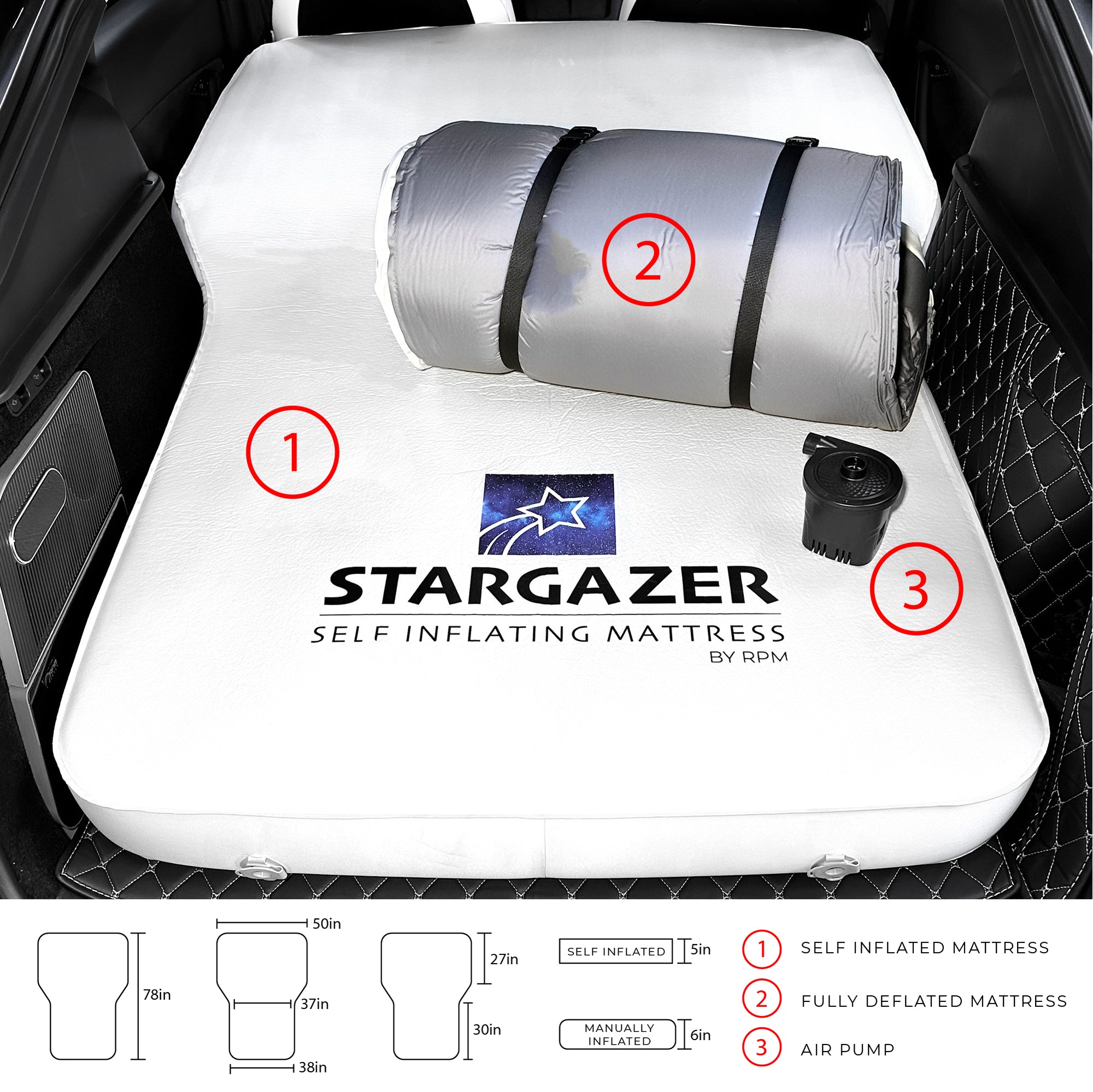 Stargazer Self-Inflating Memory Foam Mattress For Model S3XY,  Pump &amp; Bag.  Free USA Ground Shipping