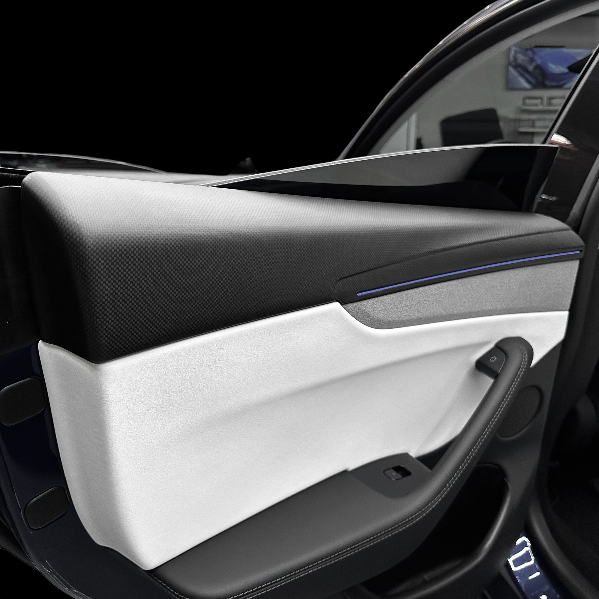 2026+ | Model Y Juniper Refreshed &quot;Plain Weave&quot; (Performance Look) Full Upper Extended Front &amp; Rear Door Panel Overlays (4 Pieces) - Real Dry Molded Carbon Fiber
