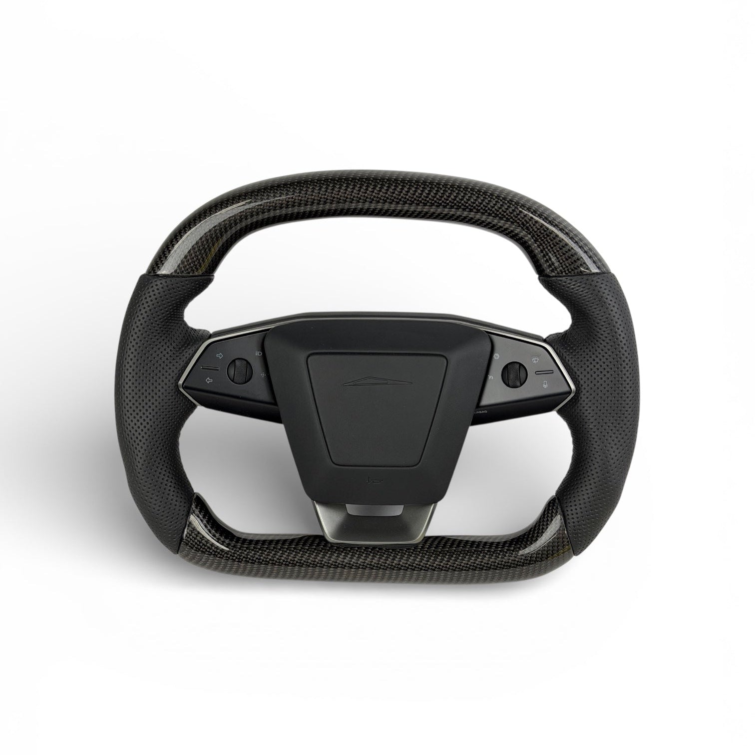 Cybertruck Round Sport Grip Style Steering Wheel Heated - TESLA OEM Core, Reshaped &amp; Resurfaced in Carbon Fiber &amp; Napa Leather