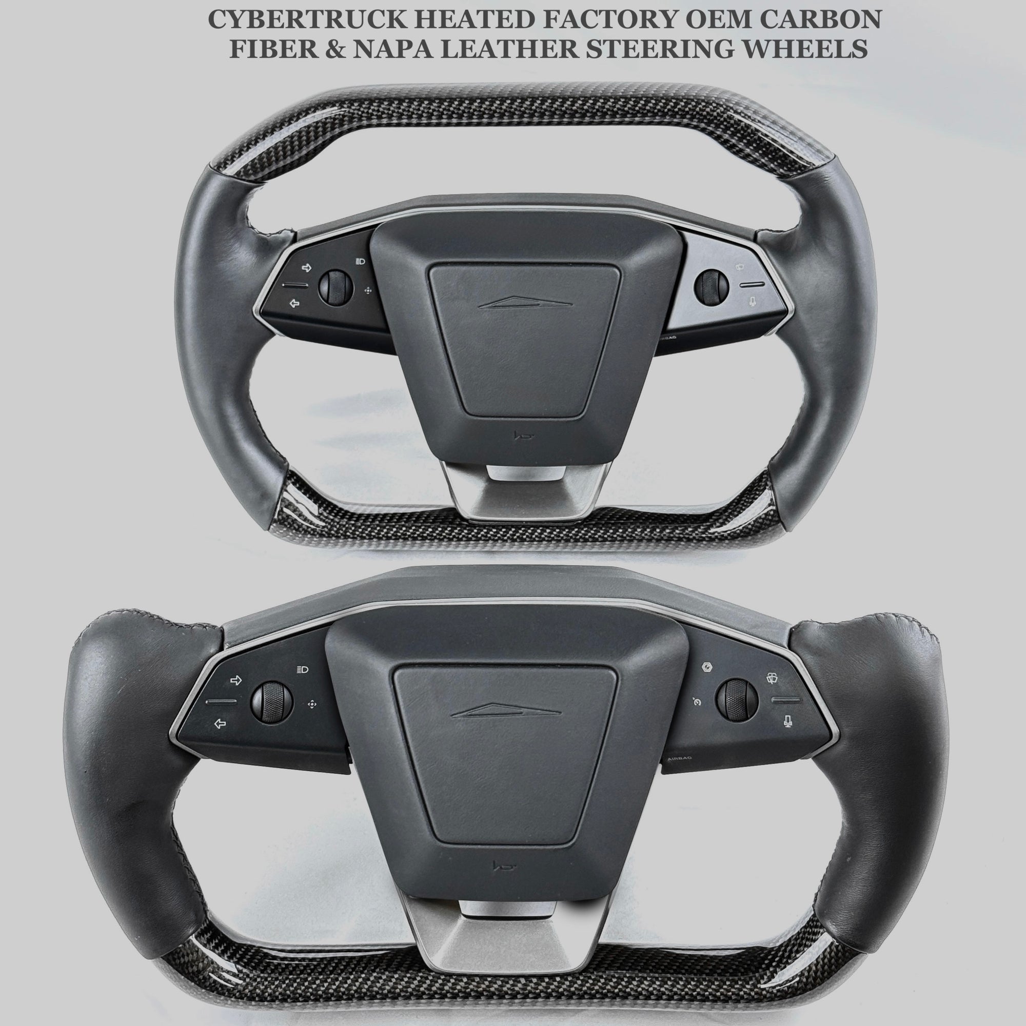 Cybertruck Heated Yoke Steering Wheel - TESLA Factory Original Core, Reshaped &amp; Resurfaced in Real Molded Carbon Fiber &amp; Napa Leather