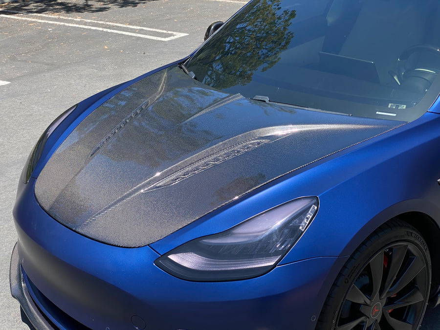 Model 3 Viento Shark Tooth Hood - Dual Layer with Xpel Clear Bra- Real Molded Carbon Fiber