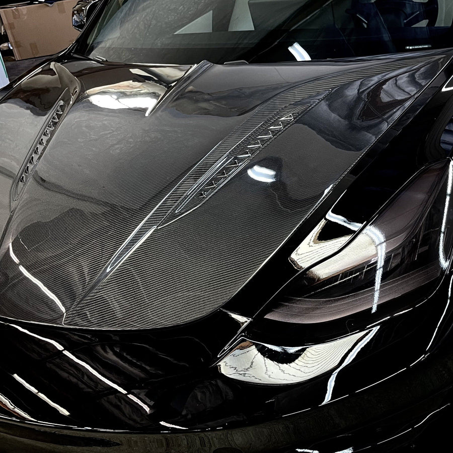 Model 3 Viento Shark Tooth Hood - Dual Layer with Xpel Clear Bra- Real Molded Carbon Fiber