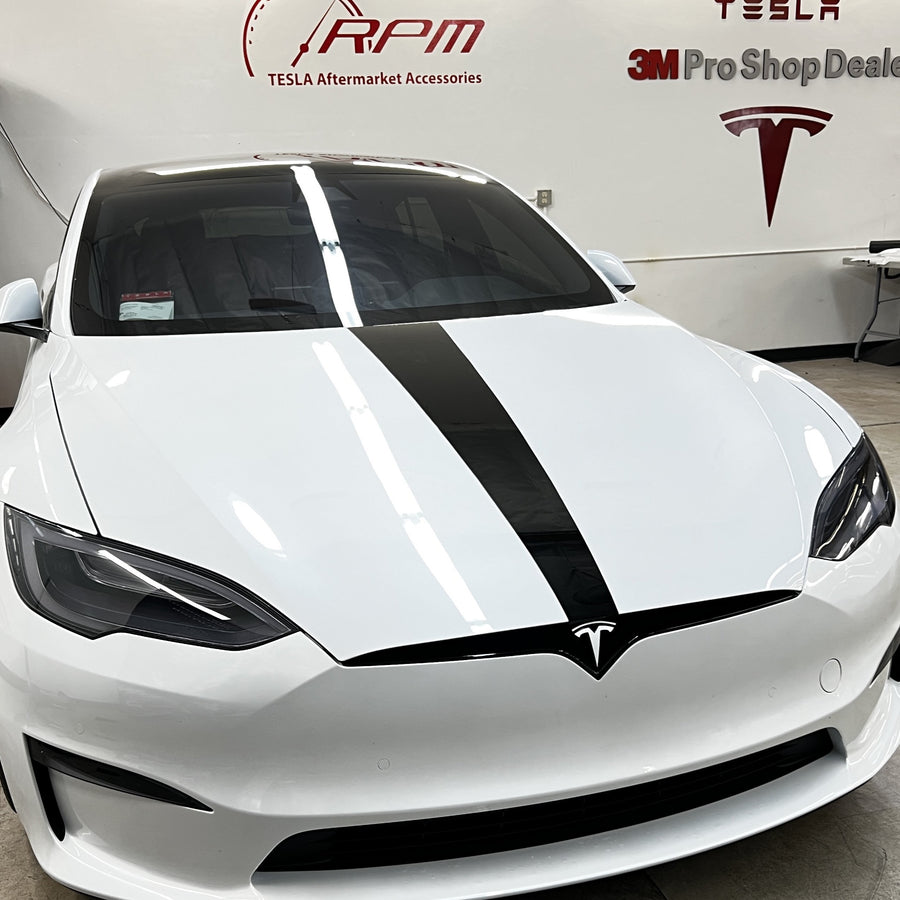 Model S Hood Racing Stripe Made from Xpel Ultimate Plus Black PPF