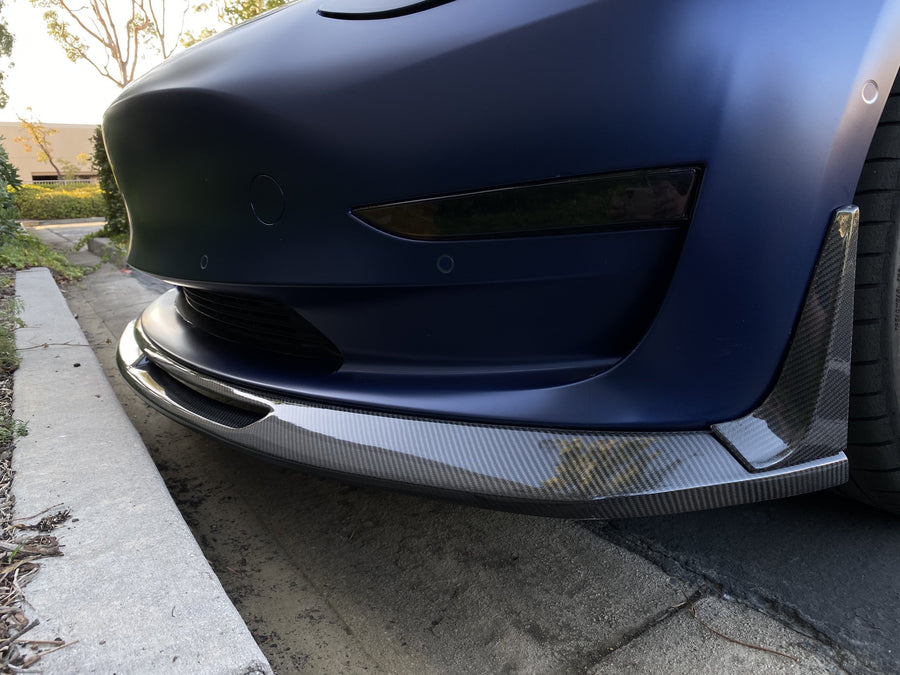 Model 3 Razzo Aero Front Lip (3 Pieces with 2 Flanges).- Real Molded Carbon Fiber