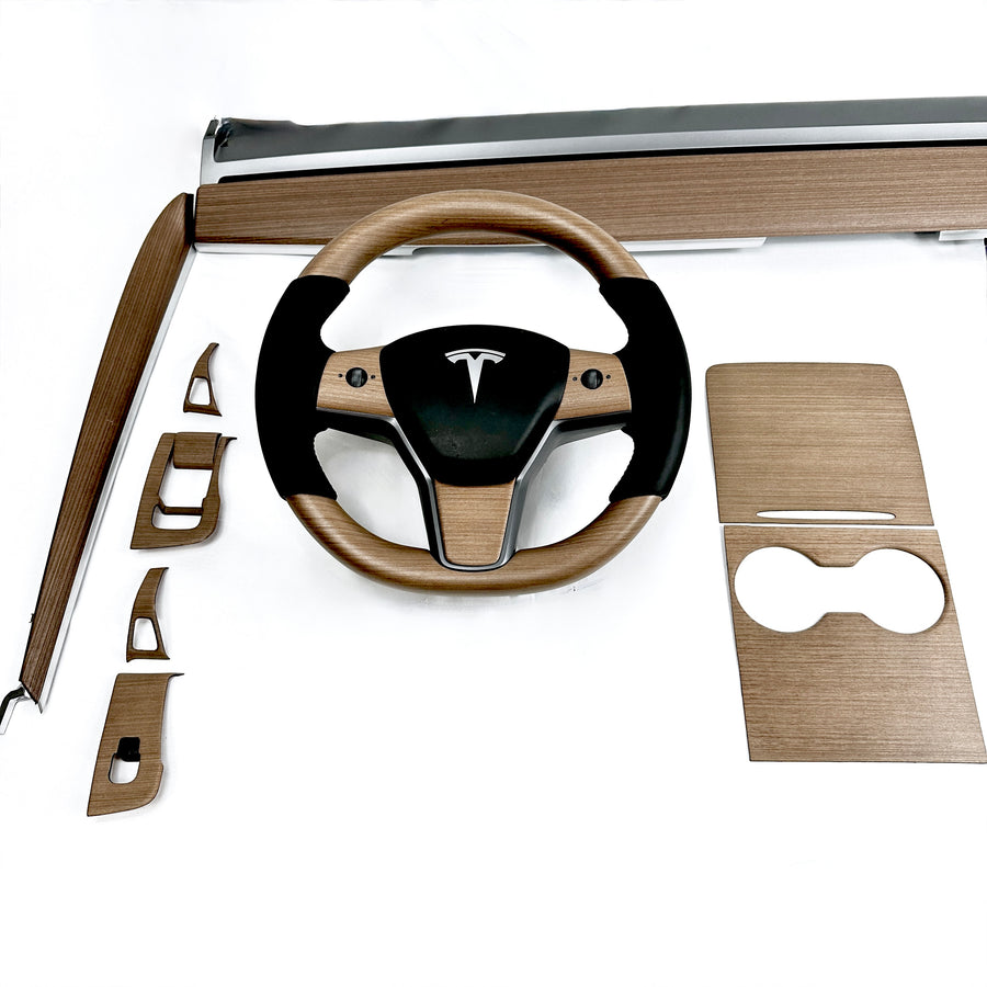 Model 3 & Y Steering Wheel Overlay (3 Piece) - Real Open-Pore Wood Veneer