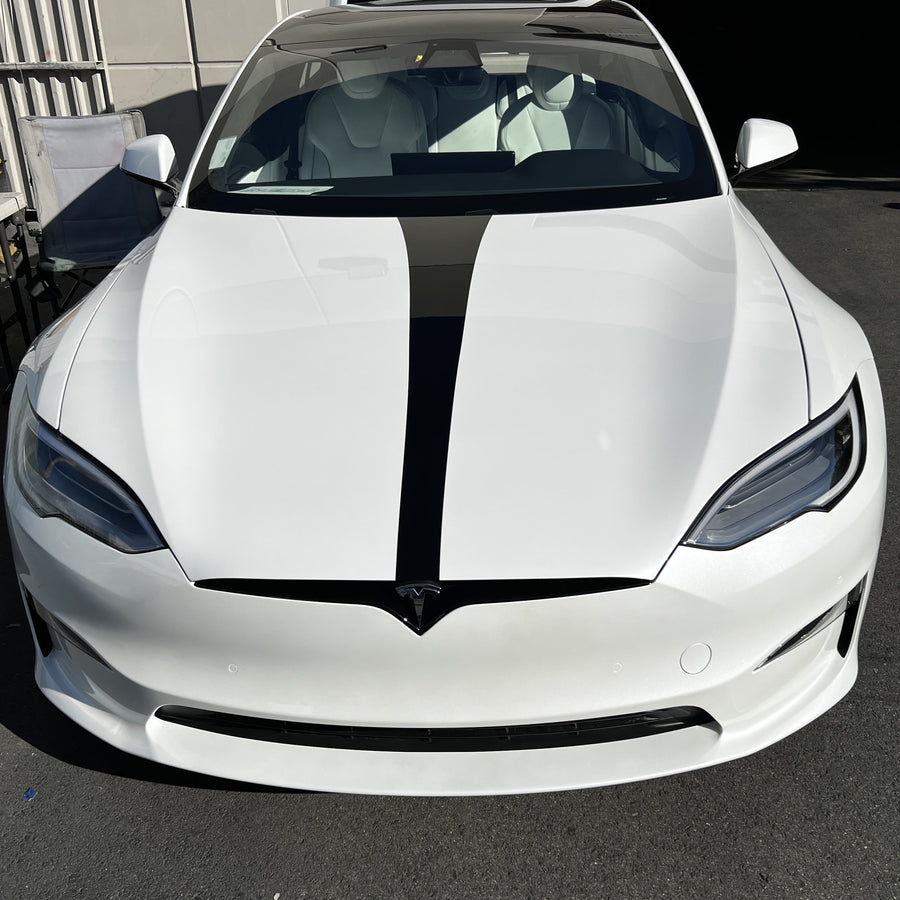 Model S Hood Racing Stripe Made from Xpel Ultimate Plus Black PPF