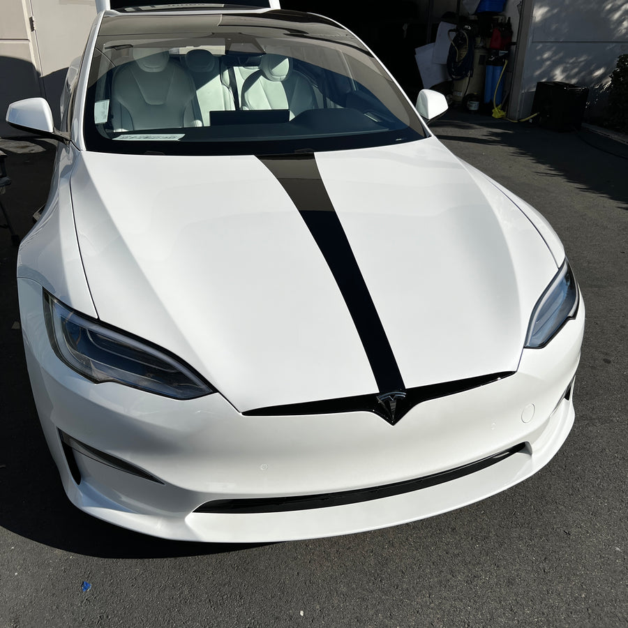 Model S Hood Racing Stripe Made from Xpel Ultimate Plus Black PPF