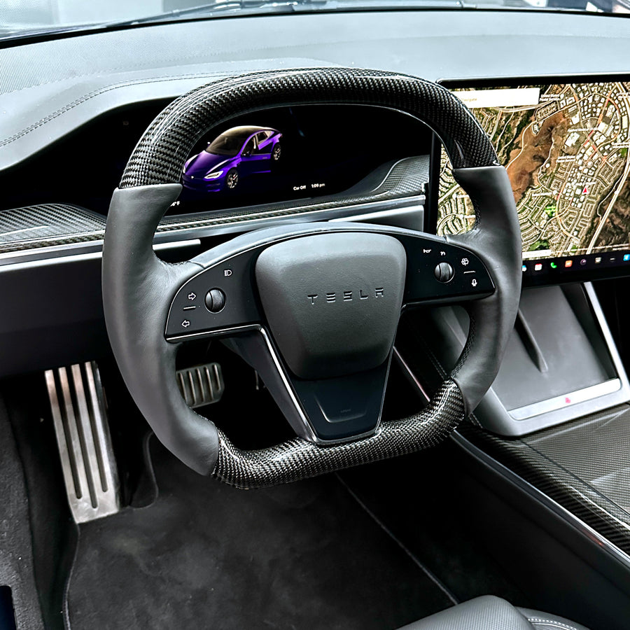 2021+ | Model S & X Yoke Round Sport Steering Wheel - Real Molded Carbon Fiber