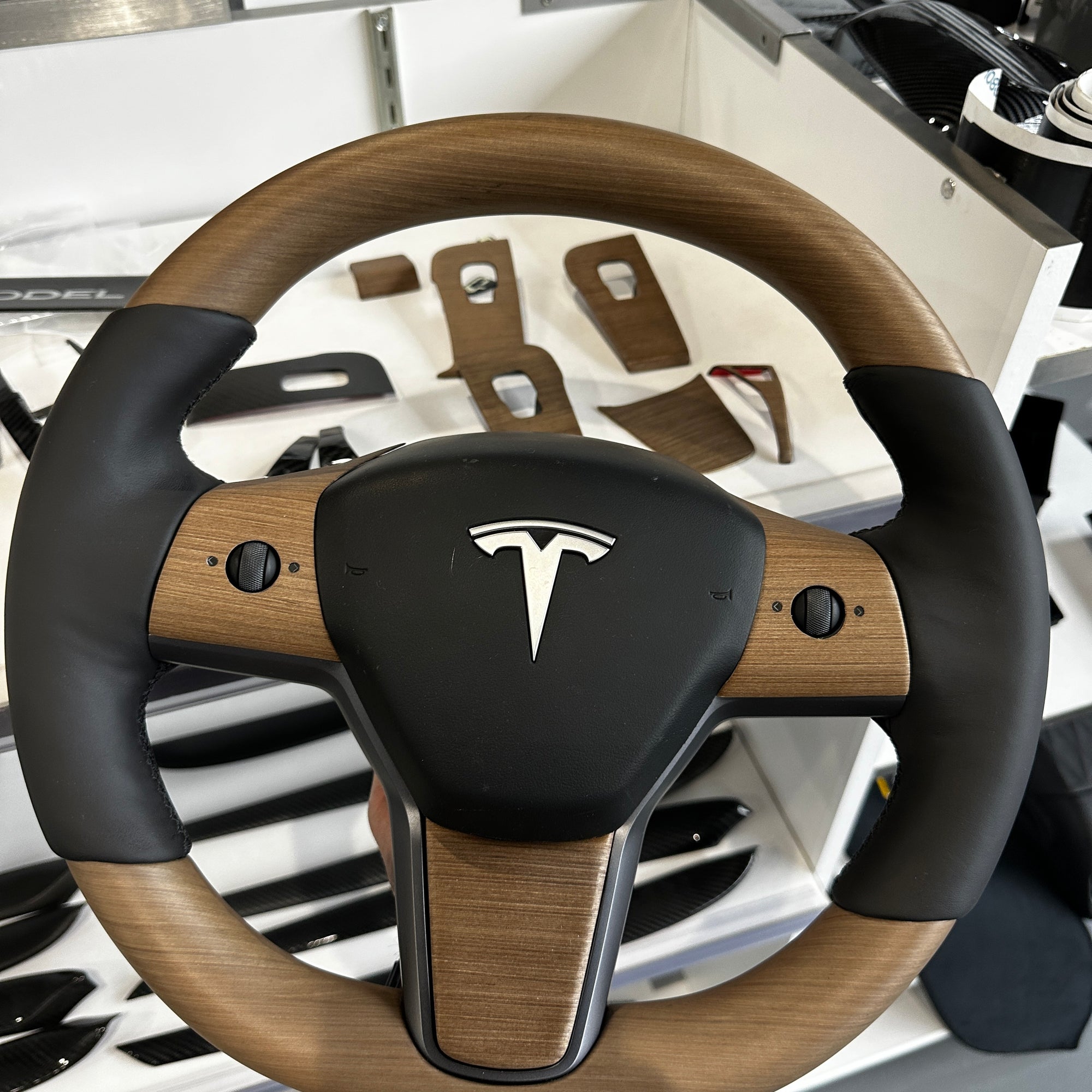 Model 3 &amp; Y Steering Wheel Overlay (3 Piece) - Real Open-Pore Wood Veneer