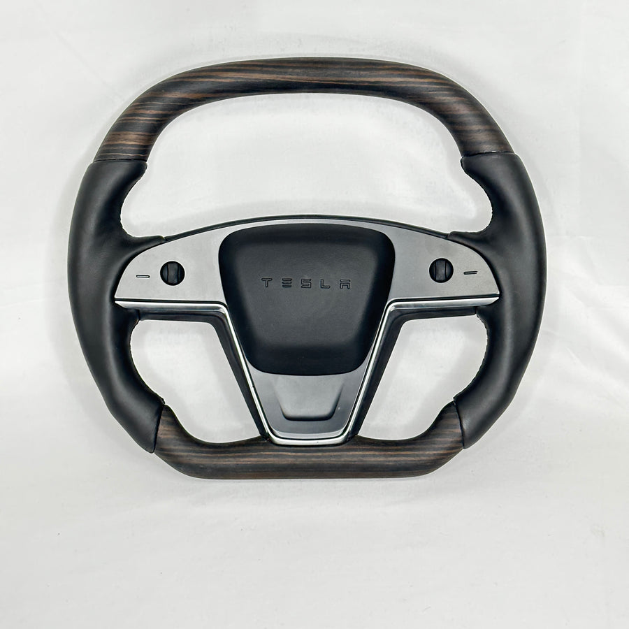 2021+ | Model S & X Yoke Round Sport Steering Wheel - Ebony Decor Wood Matching