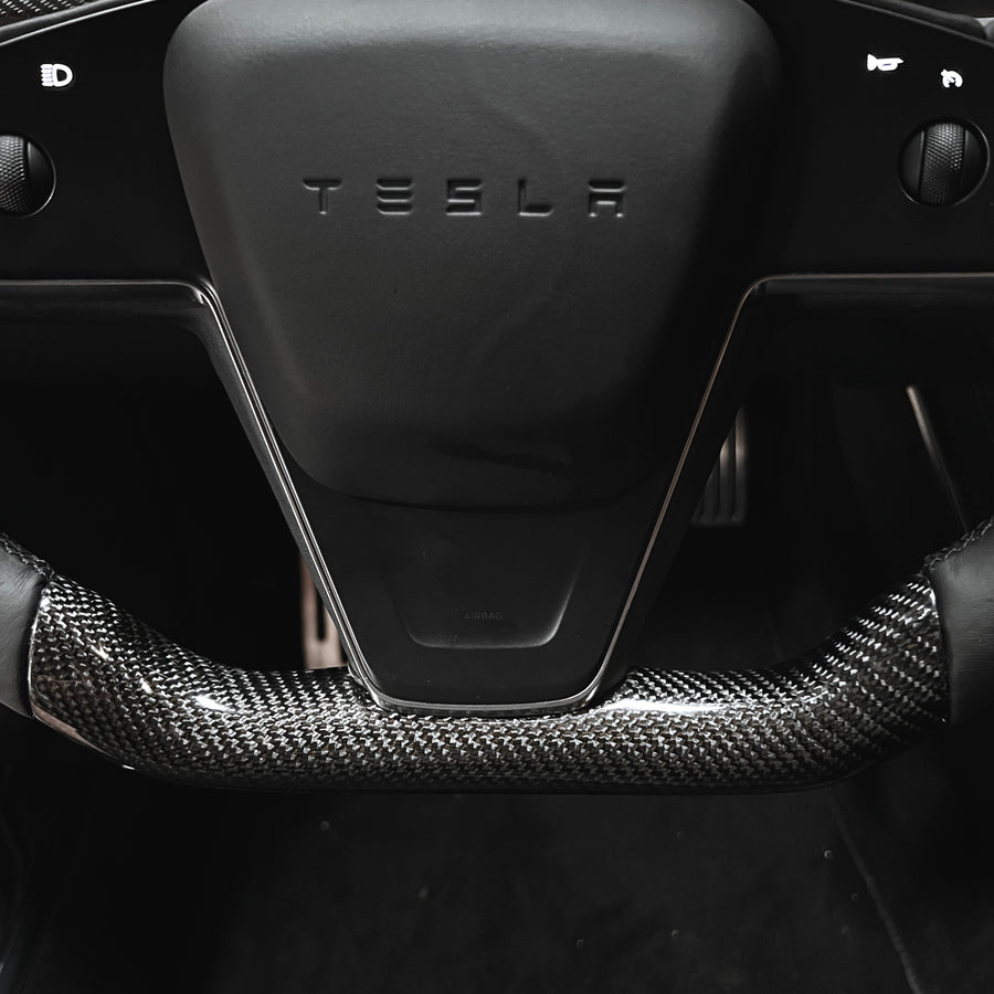 2021+ | Model S & X Yoke Round Sport Steering Wheel - Real Molded Carbon Fiber