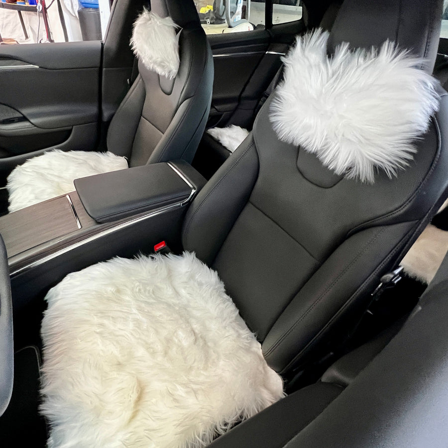 Faux Sheepskin Seat Covers, Headrests, & Pillows Front & Rear- White (SET OF 7)