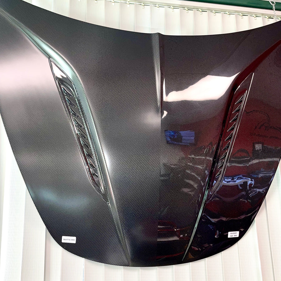 Model 3 Viento Shark Tooth Hood - Dual Layer with Xpel Clear Bra- Real Molded Carbon Fiber
