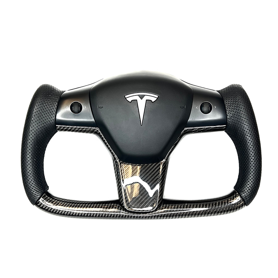 Model 3 & Y Yoke Style Steering Wheel - Carbon Fiber & Black Leather Handles