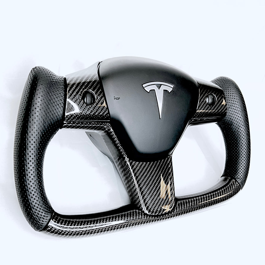 Model 3 & Y Yoke Style Steering Wheel - Carbon Fiber & Black Leather Handles