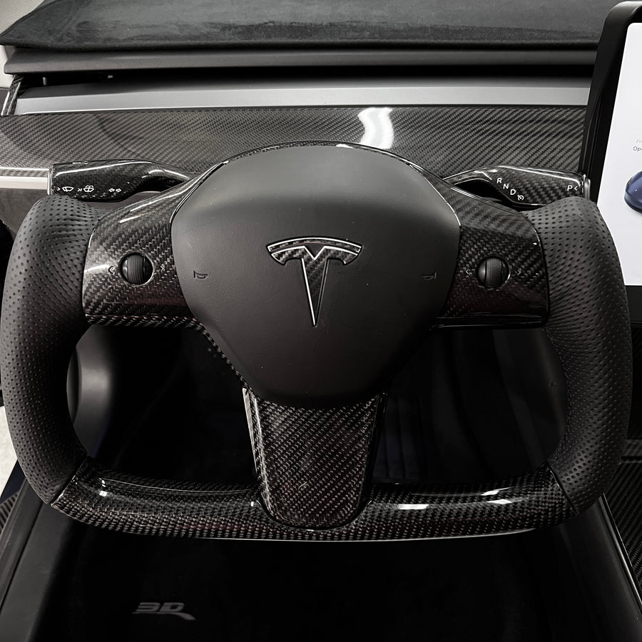 Model 3 & Y Yoke Style Steering Wheel - Carbon Fiber & Black Leather Handles