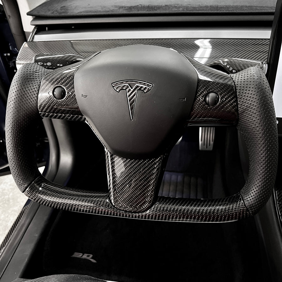 Model 3 & Y Yoke Style Steering Wheel - Carbon Fiber & Black Leather Handles