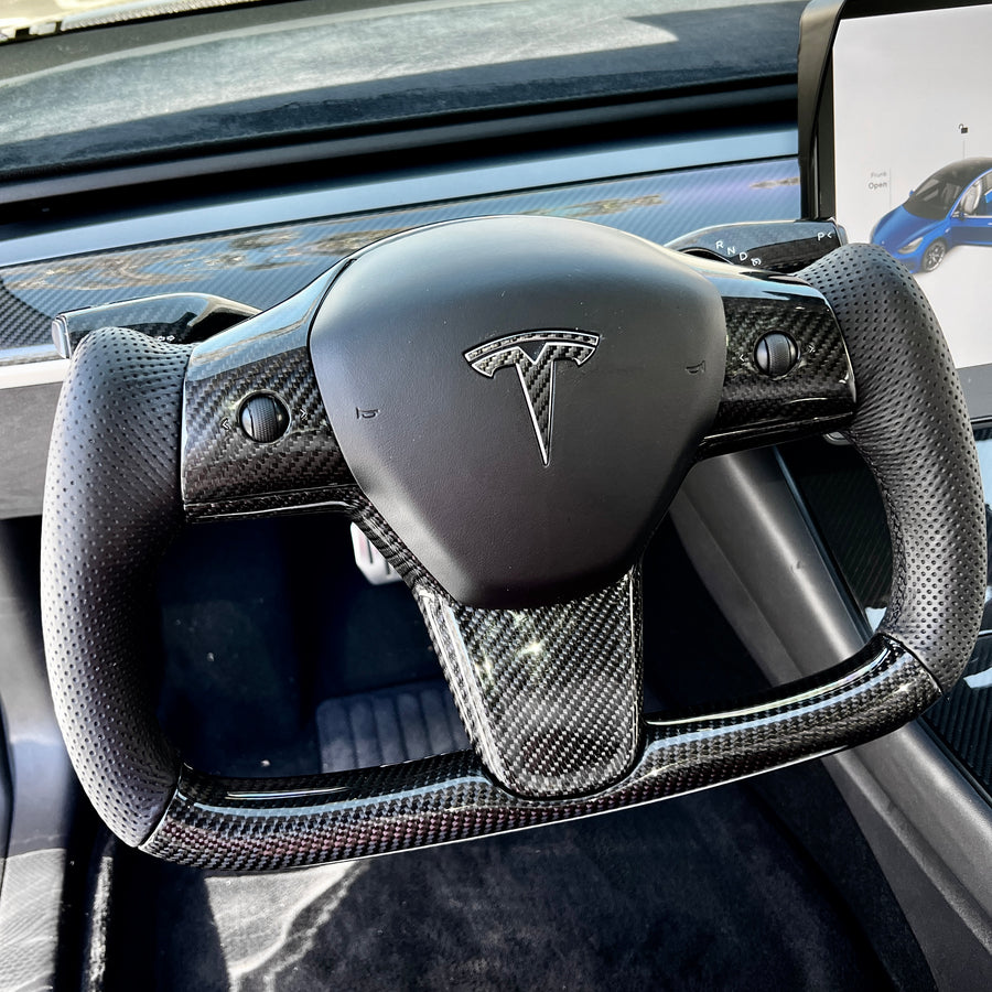 Model 3 & Y Yoke Style Steering Wheel - Carbon Fiber & Black Leather Handles