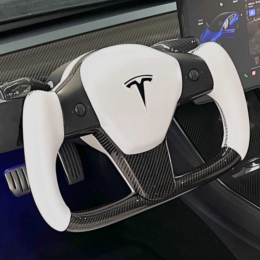 Model 3 & Y Yoke Style Steering Wheel - Carbon Fiber & White Leather Handles