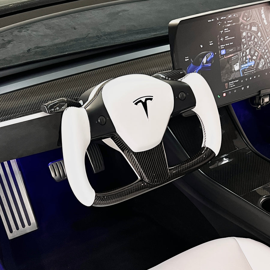 Model 3 & Y Yoke Style Steering Wheel - Carbon Fiber & White Leather Handles