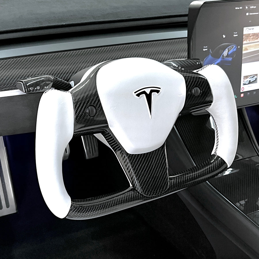 Model 3 & Y Yoke Style Steering Wheel - Carbon Fiber & White Leather Handles