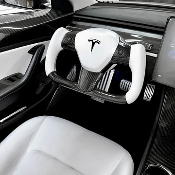 Model 3 & Y Yoke Style Steering Wheel - Carbon Fiber & White Leather Handles