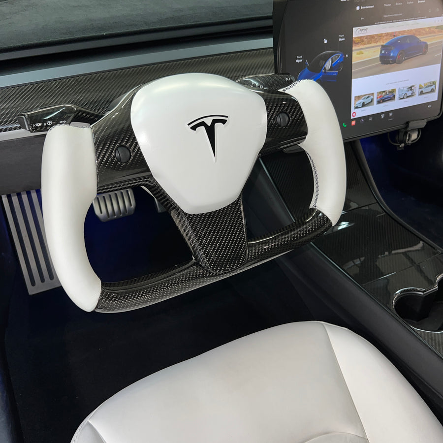 Model 3 & Y Yoke Style Steering Wheel - Carbon Fiber & White Leather Handles