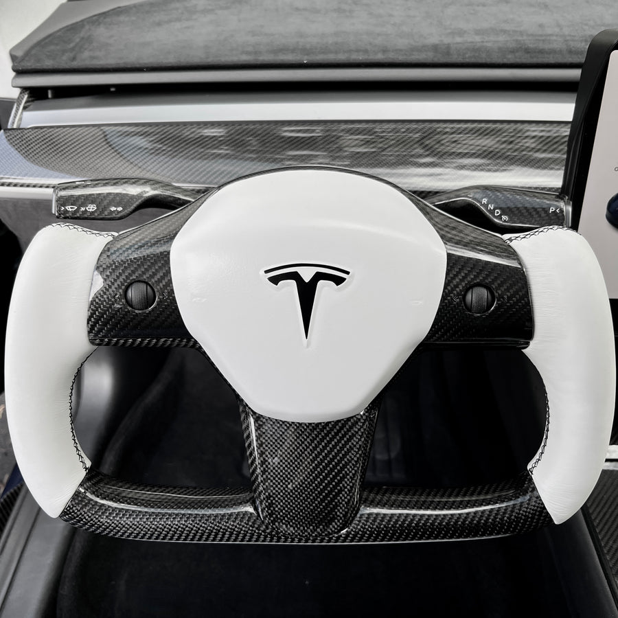 Model 3 & Y Yoke Style Steering Wheel - Carbon Fiber & White Leather Handles