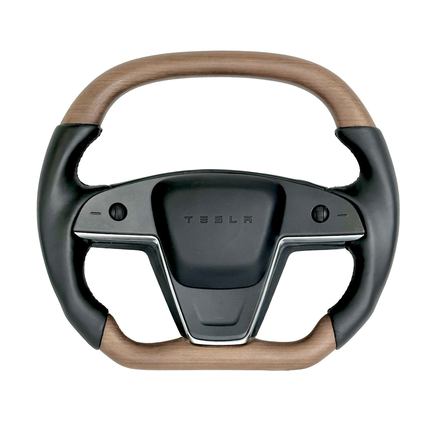 2021-2023 | Model S & X Yoke Round Sport Steering Wheel - Walnut Decor Wood Matching