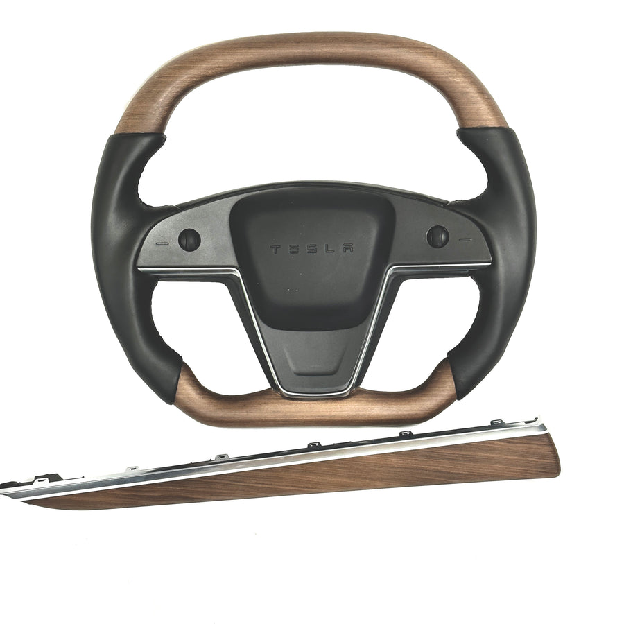 2021-2023 | Model S & X Yoke Round Sport Steering Wheel - Walnut Decor Wood Matching