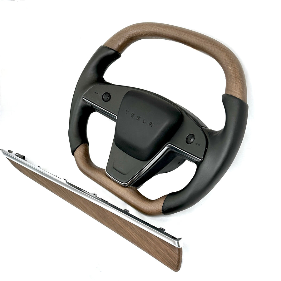 2021-2023 | Model S & X Yoke Round Sport Steering Wheel - Walnut Decor Wood Matching