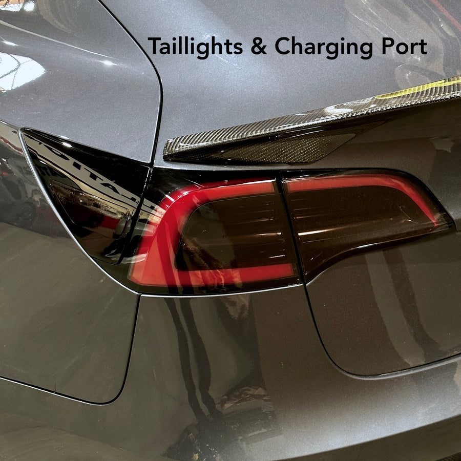 Model 3 & Y Smoked Taillights & Charging Ports Vinyl Wrap Overlays (1 or 2 Pairs)